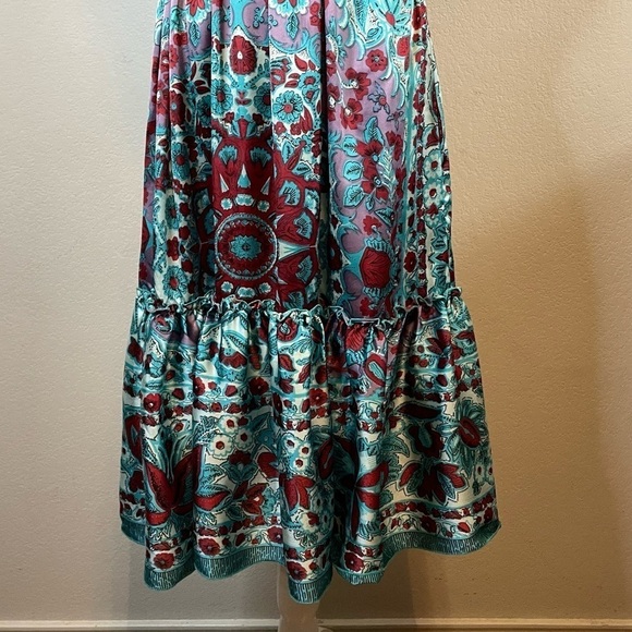 Nolita 100% Silk Boho Midi Length Sleeveless Tiered Dress Turquoise Blue Floral - Picture 11 of 13